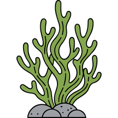 Obraz premium Stylized Green Seaweed Plant Growing from Gray Rocks on a Simple Black Background Abstract Aquatic Flora Illustration Detailed and Clean Vector Art