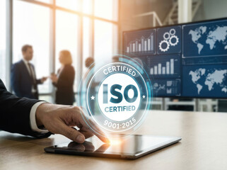 ISO certified badge overlay on business tablet with executive meeting and global analytics in modern office, professional quality and compliance emphasized