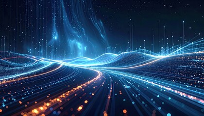 Futuristic digital landscape with flowing light trails and data streams in blue & orange hues