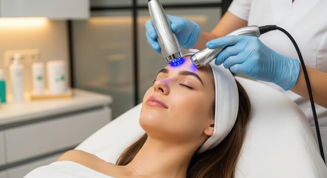 Woman receiving advanced facial treatment with led light therapy for skin rejuvenation illustration