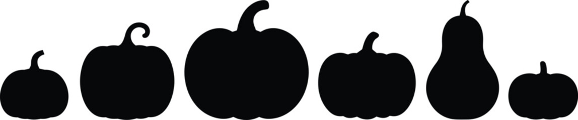 Silhouettes of pumpkins and gourds in varied shapes — botanical reference for fall, harvest, and seasonal design themes