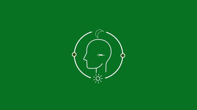 White Line Art Icon of a Human Head with Sun Moon and Orbiting Circles on Green Background.. Human head with biological clock