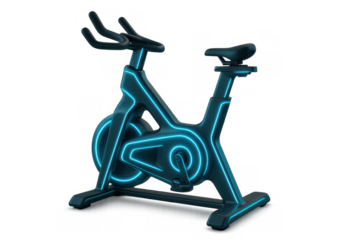 Exercise bike glowing with electric blue neon light, featuring modern design for fitness, health, and virtual cycling on transparent background