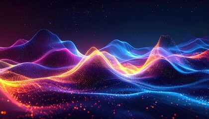 Digital rendering of undulating, luminous peaks in vivid shades against a dark, starry expanse