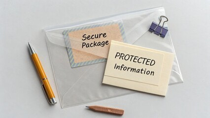 Secure Package for Protected Information with Stationery Items on White Background for Documentation and Privacy Purposes