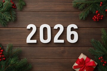 2026 numbers on a rustic wooden background with fir branches, red berries, and a gift box, providing ample copy space