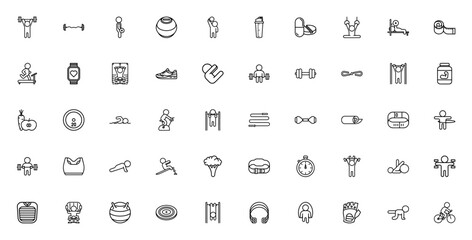 Healthy lifestyle icon set. Fitness vector illustratons. Includes symbols for eightlifting, running, gymequipment, nutrition, exerise bike, dumbbell, protei shake and more. Editable troke.