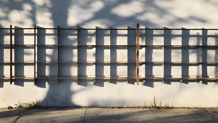 Fence shadows forming grid-like modular blocks across wall producing structured minimal abstraction