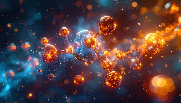 Illuminated molecular structure against a nebulous blue and orange background, vibrant & abstract - Powered by Adobe