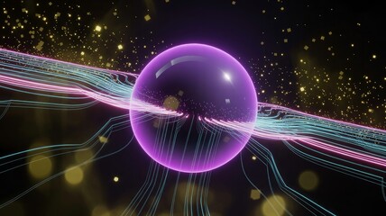 Abstract digital orb pulsating with cosmic energy and light trails
