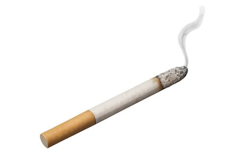 Burning cigarette with rising smoke and ash on tip, representing addiction, health risk, and tobacco use