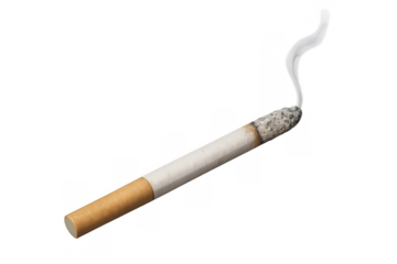 Burning cigarette with rising smoke and ash on tip, representing addiction, health risk, and tobacco use