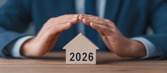 Businessman hands protecting a small house model with 2026 on it, symbolizing future home insurance, property, and investment planning