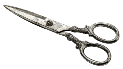 Vintage ornate metal scissors on transparent background, reflecting antique craftsmanship and tailoring heritage