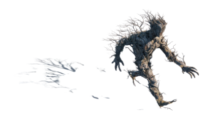 Tree creature disintegrating while running, fantasy character dissolving into digital particles on transparent background
