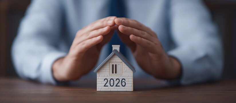 Businessman's hands guarding a miniature house, symbolizing real estate protection and insurance for the year 2026 - Powered by Adobe
