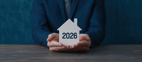 Hands holding a house model with the year 2026, representing future real estate investment, planning, and housing market outlook