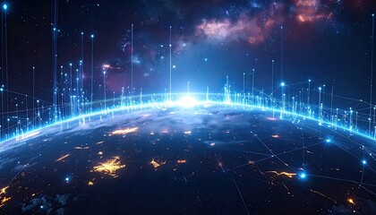 Digital earth showing lights connecting with a brilliant horizon in space