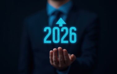 Businessman's hand presenting glowing 2026 with an up arrow symbol, conceptualizing future success, business growth, and positive development