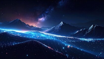 Fototapeta premium Digital landscape with peaks, glowing networks, and a starry night sky