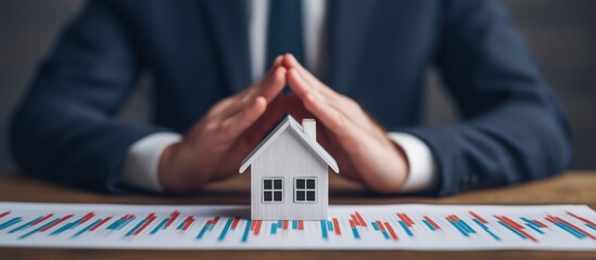 Hands of a businessman covering a small house model, symbolizing real estate investment protection and security on financial charts