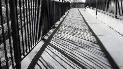 Sunlit metal railing projecting long stretched shadows across concrete walkway forming directional minimal rhythm