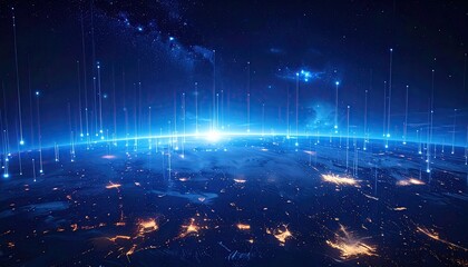 Futuristic digital display over a planet, connected by lines to a vibrant blue sunrise