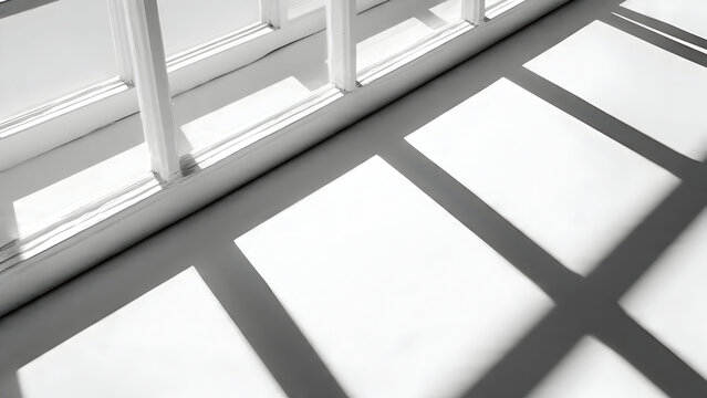 Window mullions casting grid-like reflections on a white surface forming precise minimal hard-light geometry