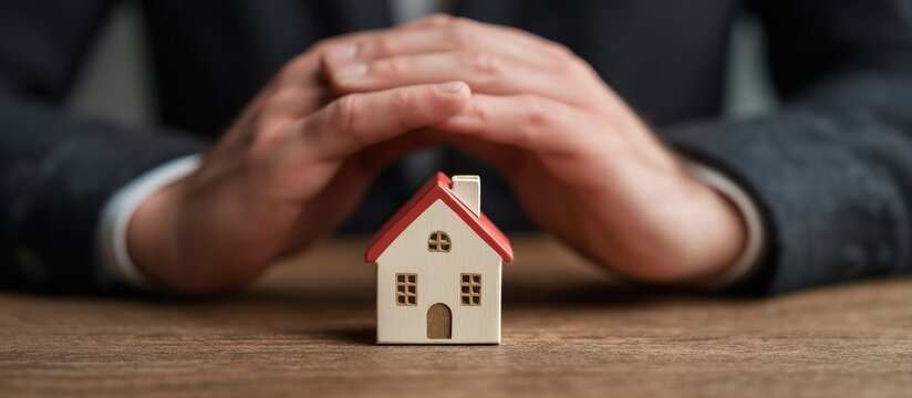 Hands forming a protective cover over a small house model, symbolizing real estate investment, home insurance, and asset security - Powered by Adobe