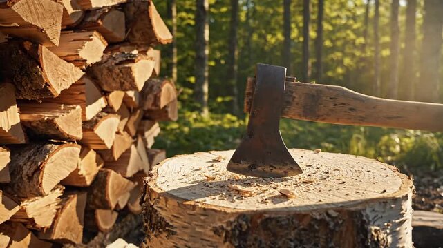 Axe embedded in a tree stump next to a stack of firewood in a forest clearing, bathed in warm sunlight.