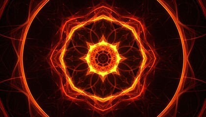 Symmetrical abstract artwork with fiery fractal patterns radiating from the center