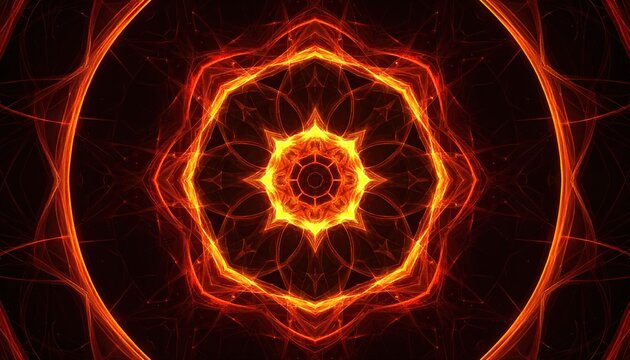 Symmetrical abstract artwork with fiery fractal patterns radiating from the center - Powered by Adobe