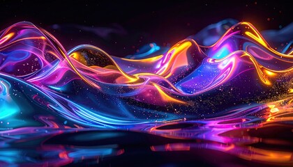 Abstract waves of light in vibrant neon colors, with a reflective surface against a dark backdrop