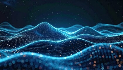 Digital waves of glowing particles undulating across a dark gradient. Futuristic, abstract