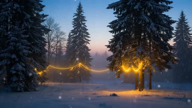 Snowy Winter Forest with Warm String Lights Hanging Between Frosted Trees
