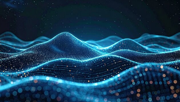Digital waves of glowing particles undulating across a dark gradient. Futuristic, abstract - Powered by Adobe