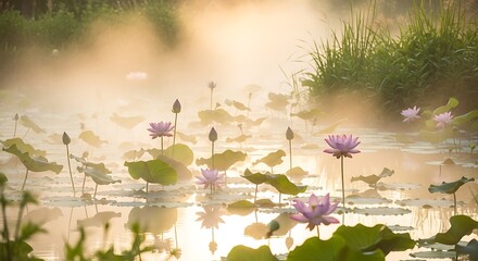 Serene Lotus Pond in Morning Mist - A Tranquil Oasis.