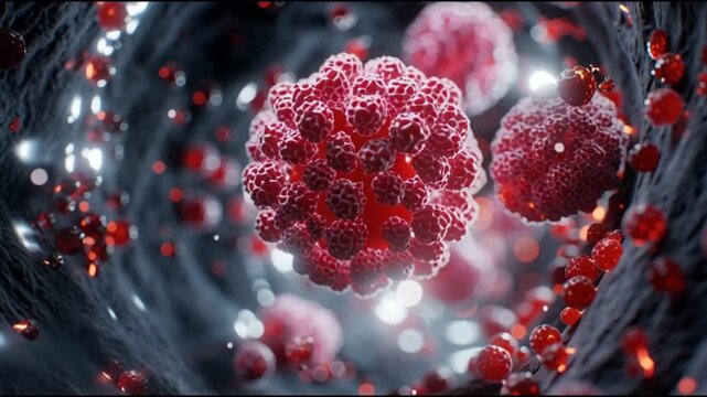 Hepatitis B infection. HBV. Liver inflammation. Liver damage. Jaundice. 3D representation of hepatitis B virus particles in a dynamic setting.