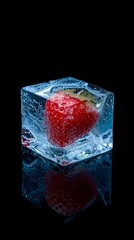 Strawberry Frozen in Ice Cube on Black Background
