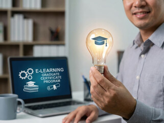 E learning graduate certificate concept with laptop, glowing light bulb and graduation cap symbol conveying online education and innovation, professional adult holding idea bulb with books