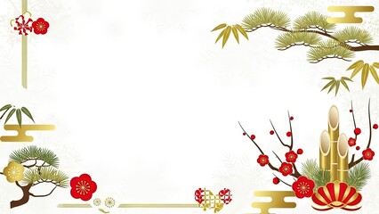 門松の白と金の上品なお正月セール、お年玉の和風背景画像