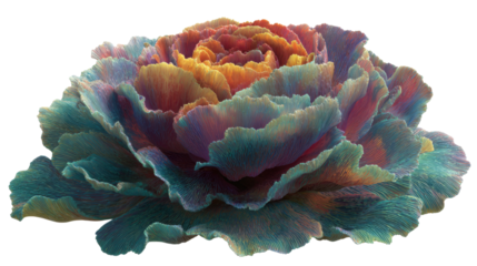 Abstract flower showing vibrant colors and intricate textures, creating a surreal organic form. Digital art with a transparent background