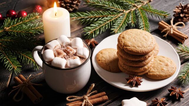 Festive still life hot chocolate with marshmallows cookies stacked on a plate and Christmas greenery arranged on a wooden surface