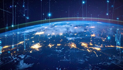 Digital earth depiction with glowing lines overlayed, highlighting data transmission