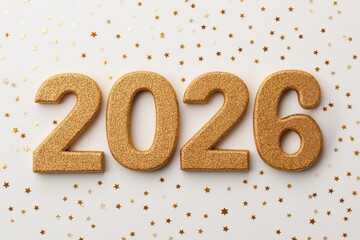 Gold glittering numbers 2026 on white background with falling star confetti, celebrating new year with copy space