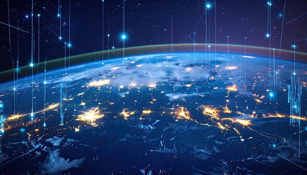 Digital earth depiction with glowing lines overlayed, highlighting data transmission