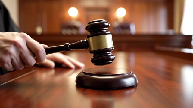 Gavel strikes sound block in courtroom wooden table judges hand visible