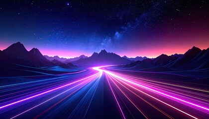 Futuristic night scene of glowing light trails on a highway, under starry sky
