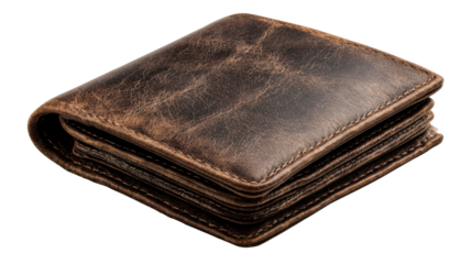 Brown leather wallet, bifold design, displaying finance, commerce, and personal savings, isolated with transparent background