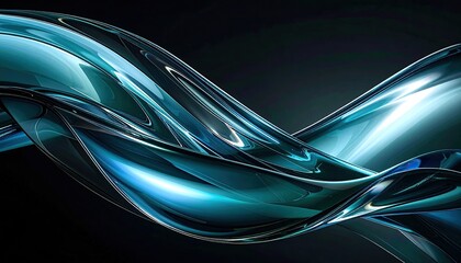 Flowing, abstract teal and blue lines twist and turn against a dark background